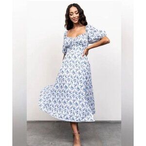 Baltic Born Gwen Smocked Midi Dress Cottagecore White Blue Floral Small